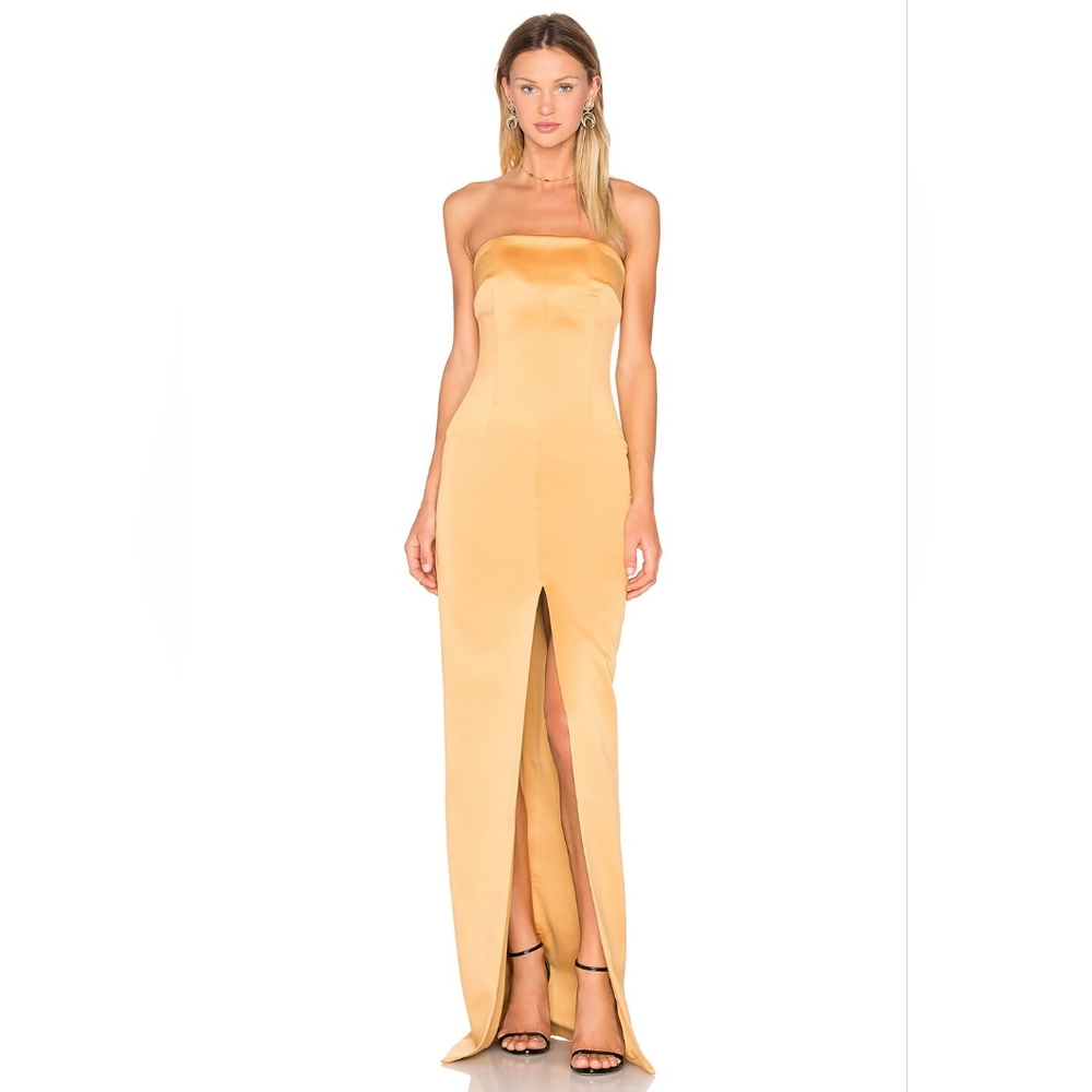 B5. NWT SOLACE LONDON MEDINE STRAPLESS MAXI DRESS IN TAN